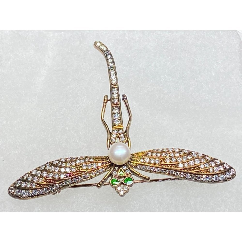 Vintage Copper Bronze Dragonfly‎ Brooch Pearl Rhinestones Green Enamel Eyes